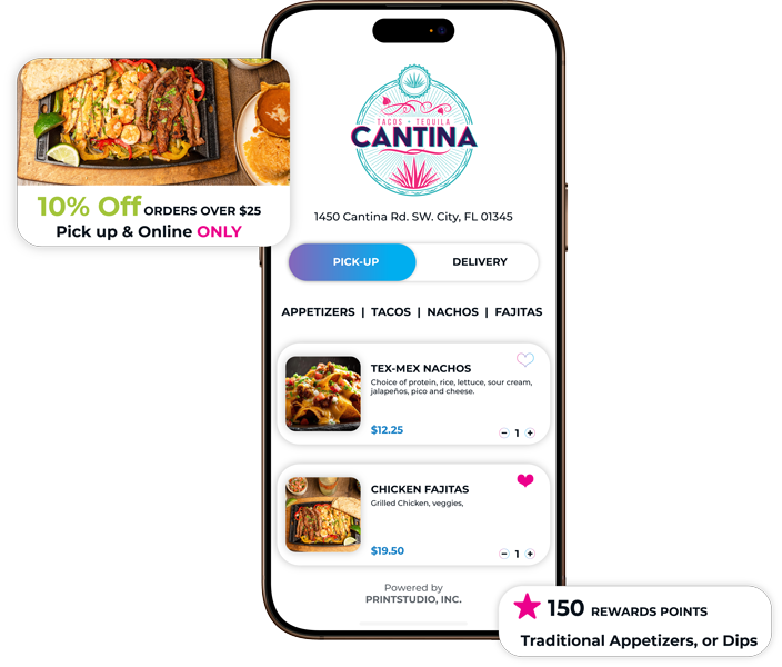 Cantina branded online ordering mobile experience with promotion and rewards